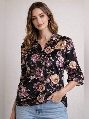 Perception Woman/NWT/ button-down blouse featuring a purple floral black/2x/NWT